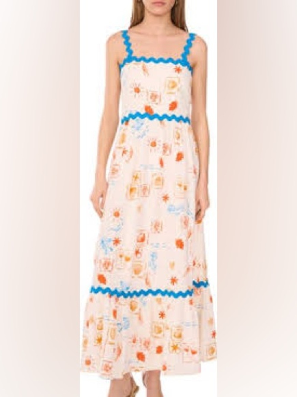 CeCe Cream Maxi Dress with Orange and Blue Print